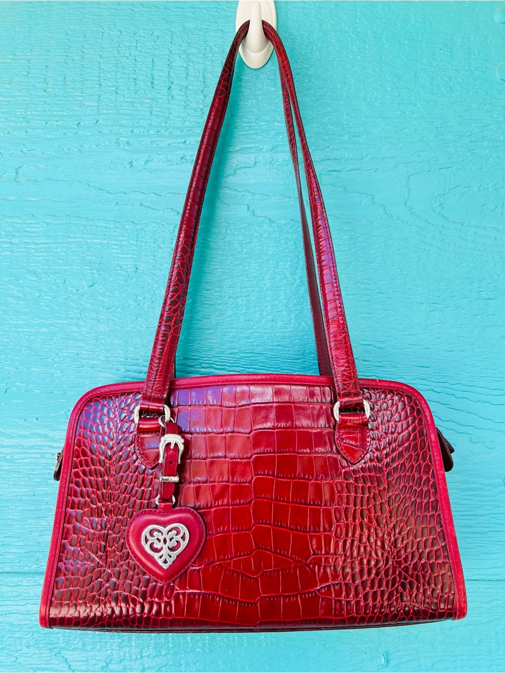 Vintage Brighton Red Croc-Embossed Perfect Leather Shoulder Bag • Heart Charms